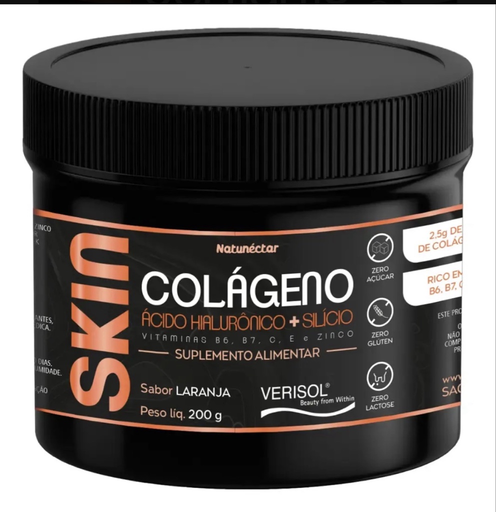 Colágeno Verisol Ácido Hialurônico e Biotina e Silício em pó 200g Sabor laranja