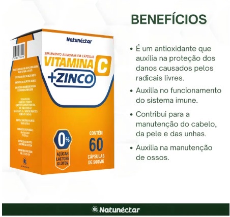 Vitamina C e Zinco 500mg 60 Cápsulas Natunéctar
