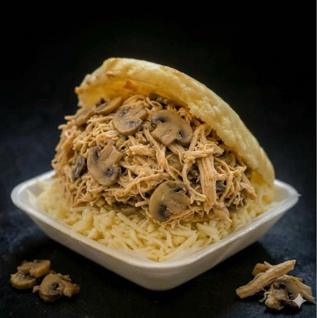 Arepa rellena pollo champiñón