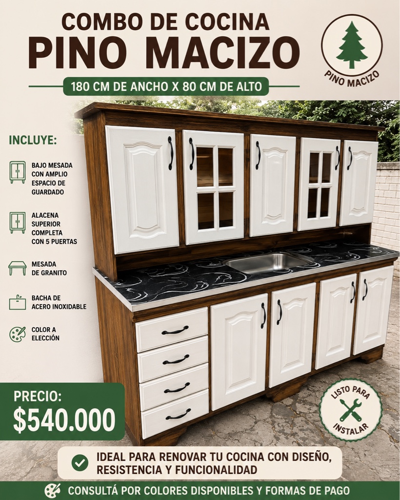 Pino Macizo 140cm combo cocina