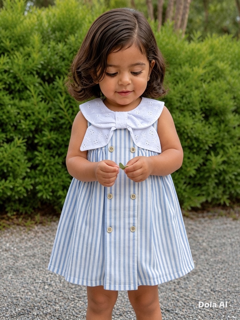Vestido rayas celeste con cuello moño ojalillo