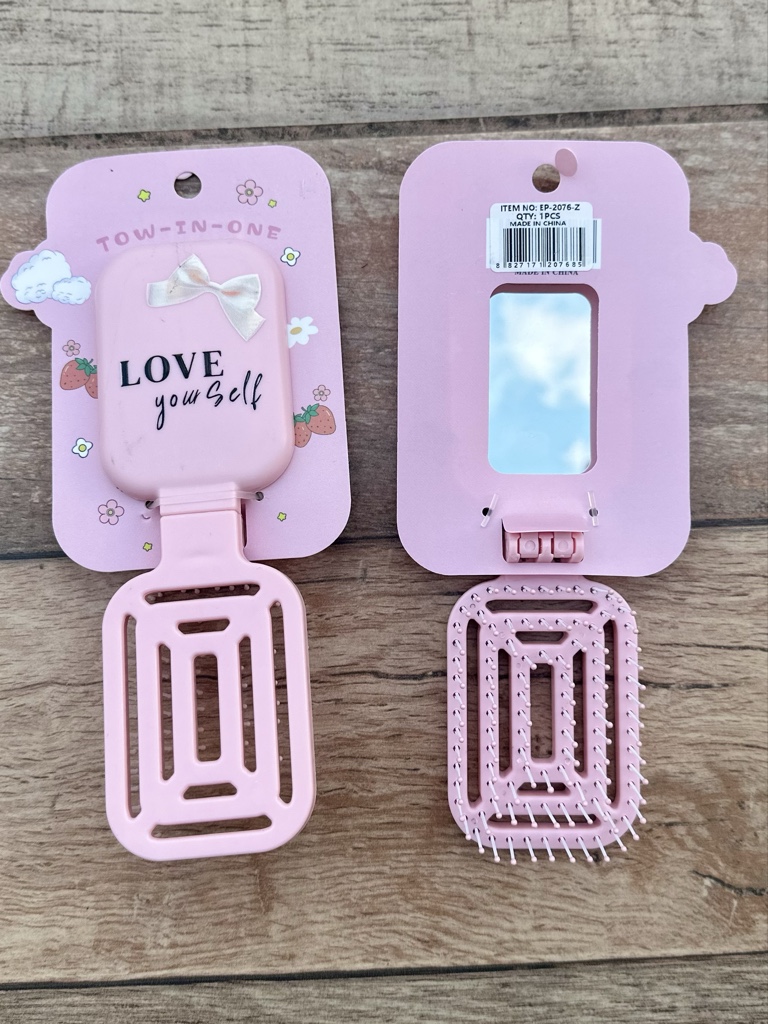 Cepillo con espejo rosa, plegable