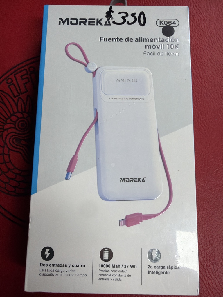 BATERIA PORTATIL MOREKA DE 10 MIL MAH BLANCA , CORREA NARANJA K064