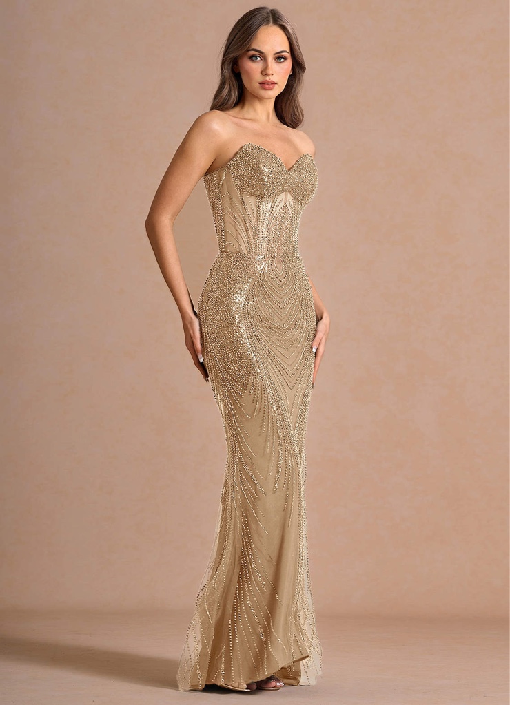 Maxi Dress con Corsé en Tono Champagne con Detalles de Perlas Dimensionales by AZAZIE ATELIER (Incluye copas internas)