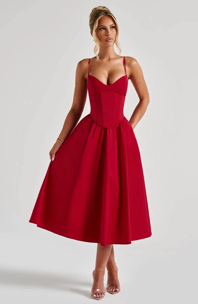 Midi Dress Red Con Corsé By Babyboo (Incluye Tul Interno)
