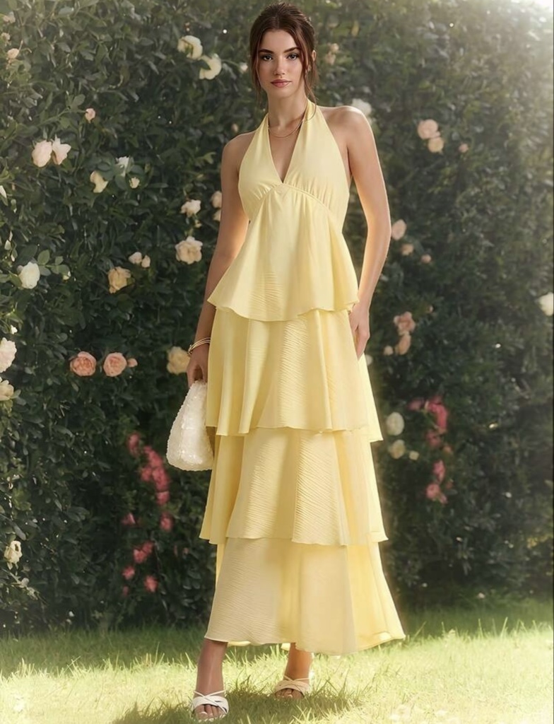 Maxi Dress Cuello Halter en Tono Lemon