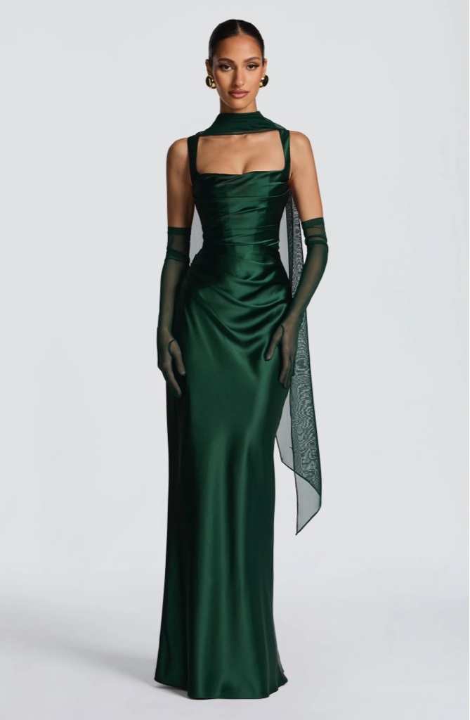 Maxi Dress Calanthe en Satén Esmeralda By Babyboo