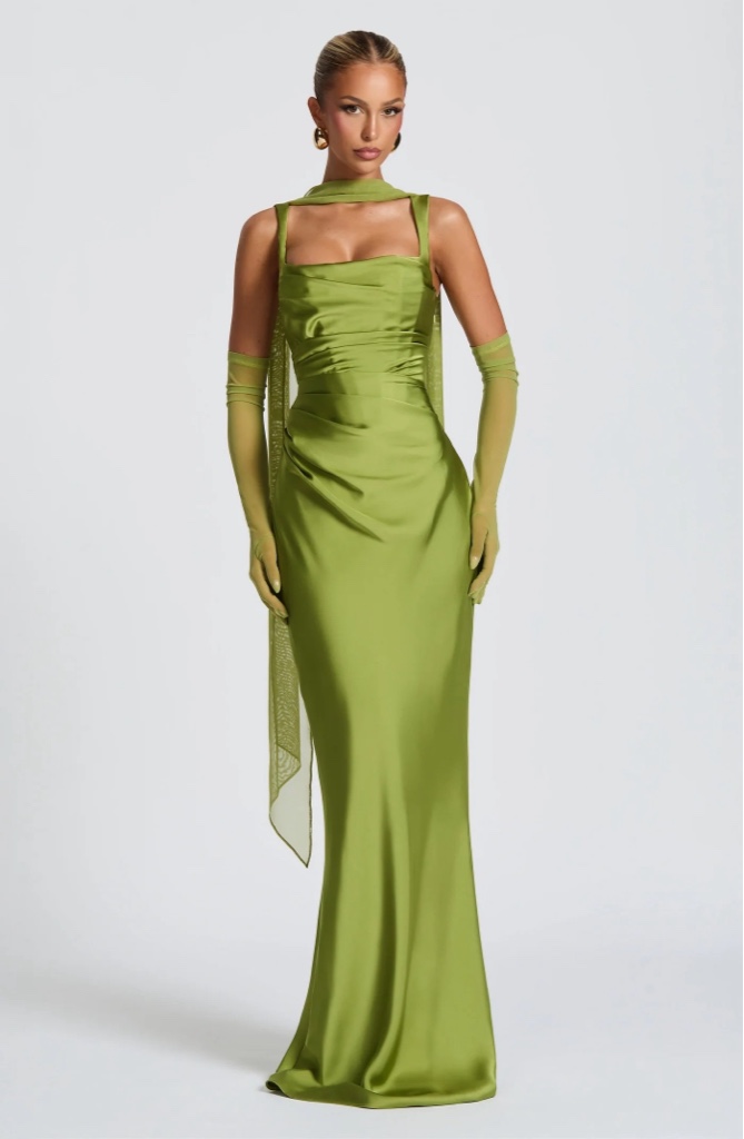 Maxi Dress en Satén Olive By Babyboo Con Corsé