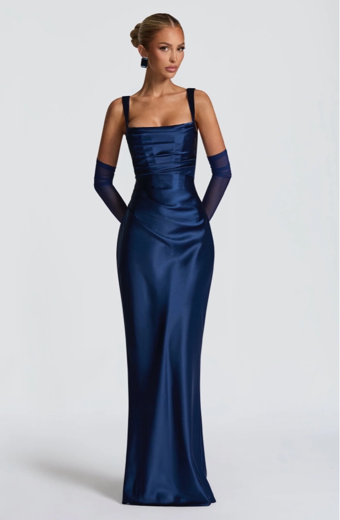 Maxi Dress en Satén Navy con Corsé By Babyboo (No Incluye Guantes)