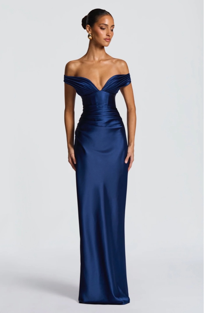 Maxi Dress en Satén Off Shoulder Navy By Babyboo
