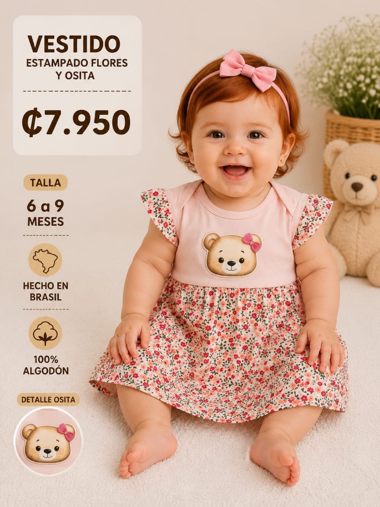 Vestido con body rosado floral osita 6 a 9 meses