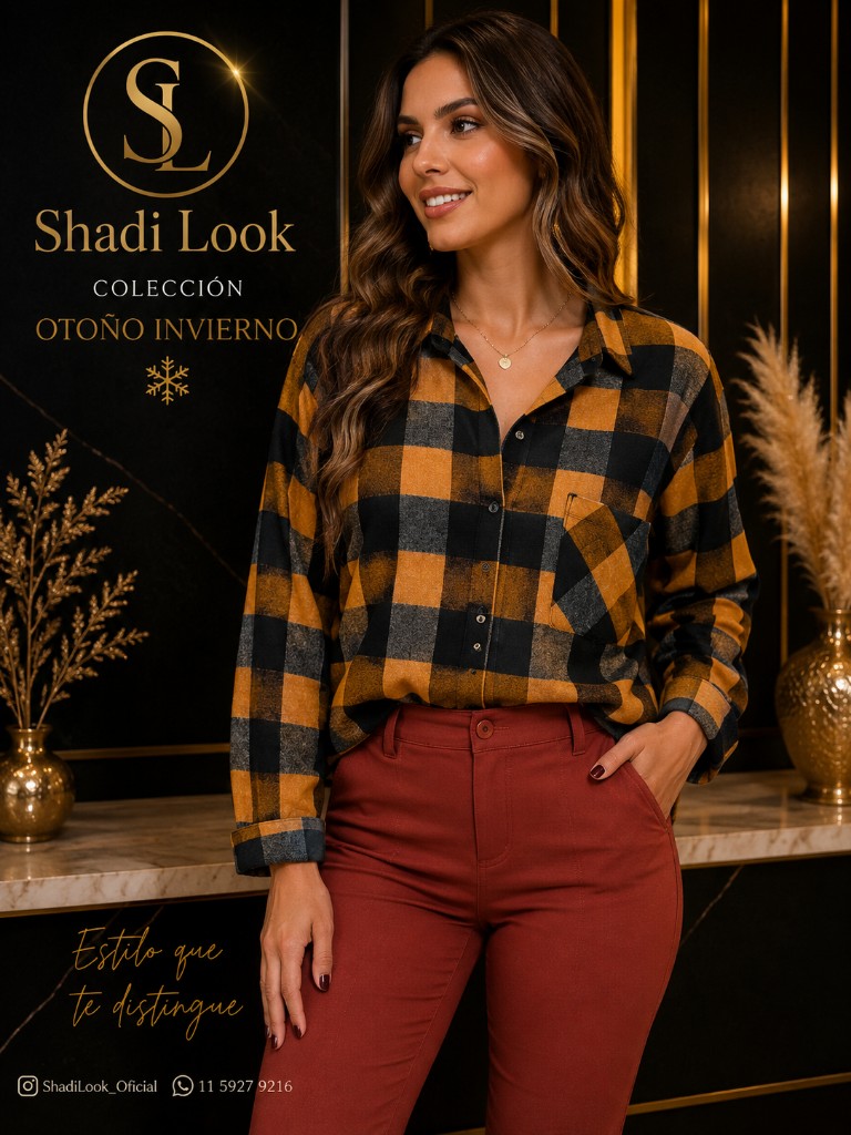 Combo camisa cuadros mostaza pantalón engomado