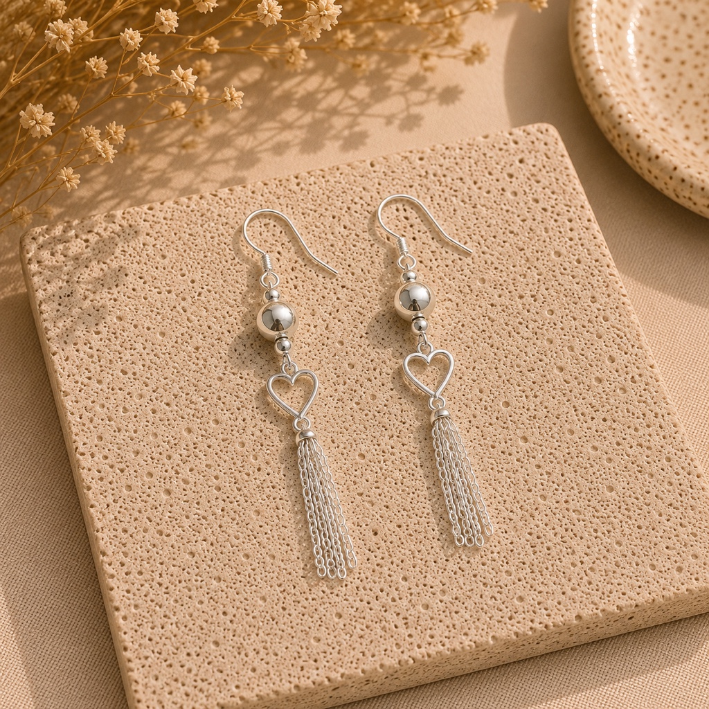 Aros Colgantes Corazón con Flecos – Plata Italiana 925