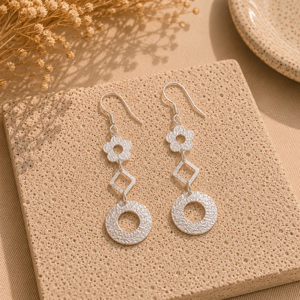 Aros Colgantes Flor Geométrica – Plata Italiana 925