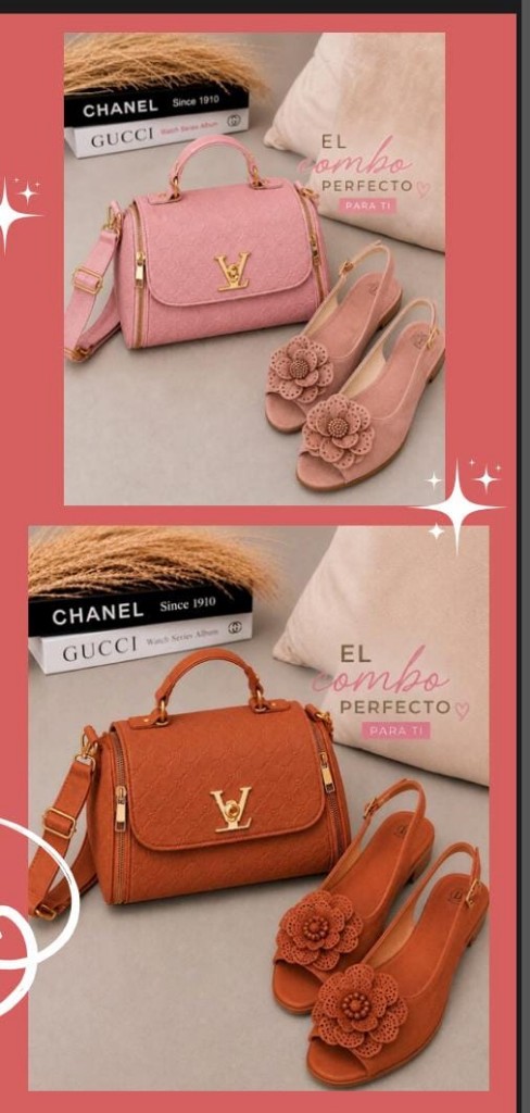 Combo bolso y sandalias rosas y naranja café talla 37
