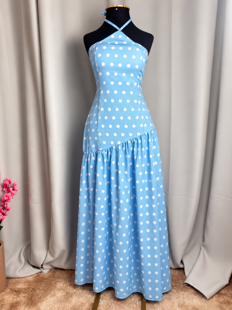 Vestido azul de bolinhas