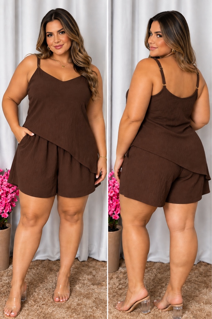 Conj short+blusa marrom alças TAM G