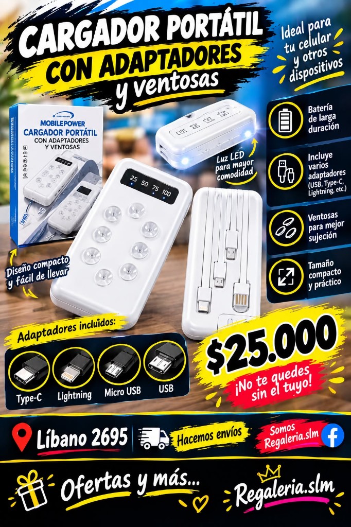 Cargador portatil con adaptadores y ventosas