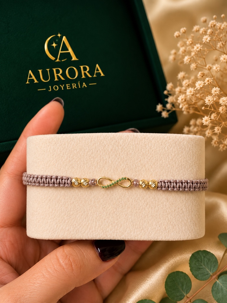 Pulsera Tejida / BD 4U 4mm / Infinito circones verdes / hilo Palo de rosa / Oro 18k