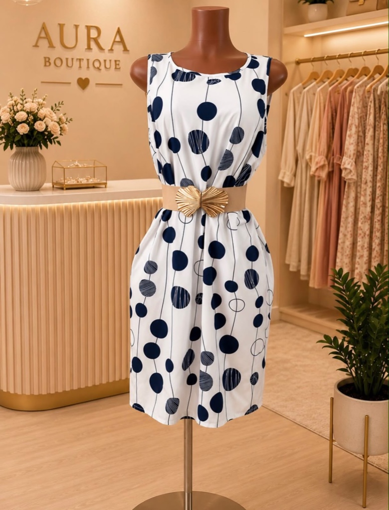 Vestido Aura blanco lunares azules