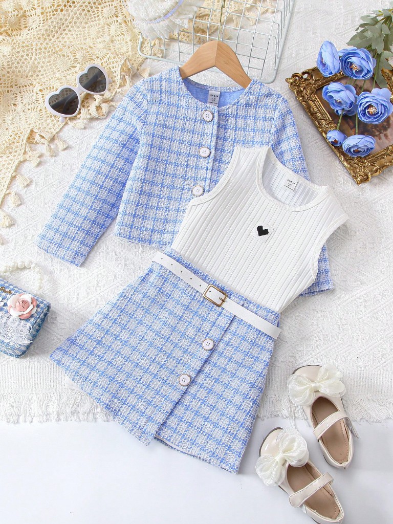 Conjunto de Falda estampada, top blanco, chaleco estampado y cinturón