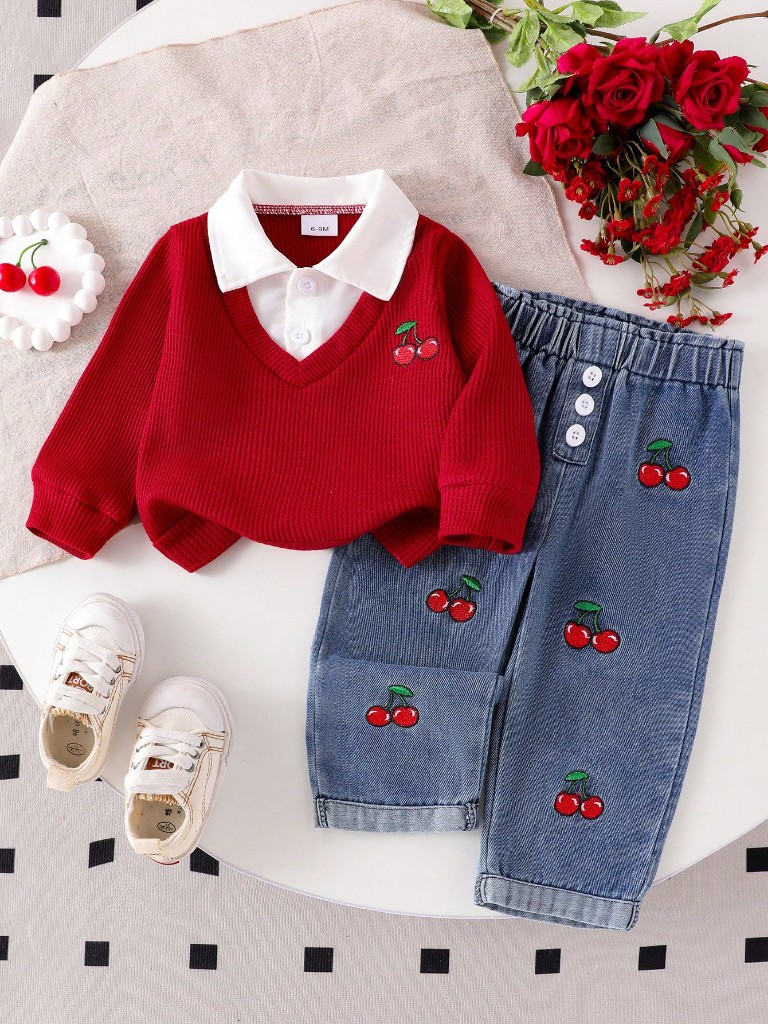 Conjunto de Pantalon con cerezas y Suéter rojo con cuello