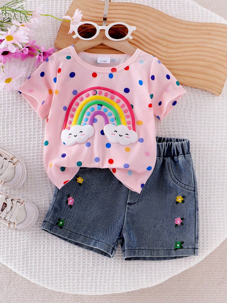 Conjunto de Short de jean y Franela rosa con arcoiris