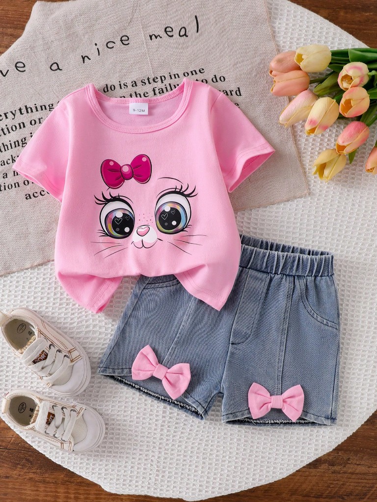 Conjunto short jean y franela rosa