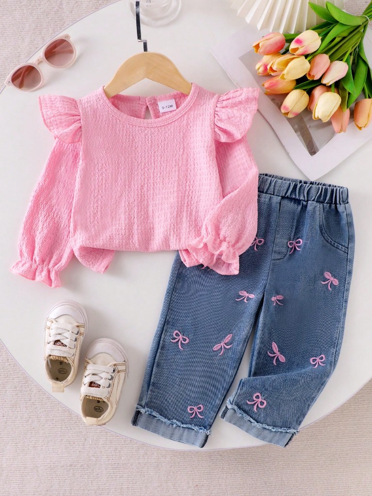 Conjunto de top manga larga con volantes