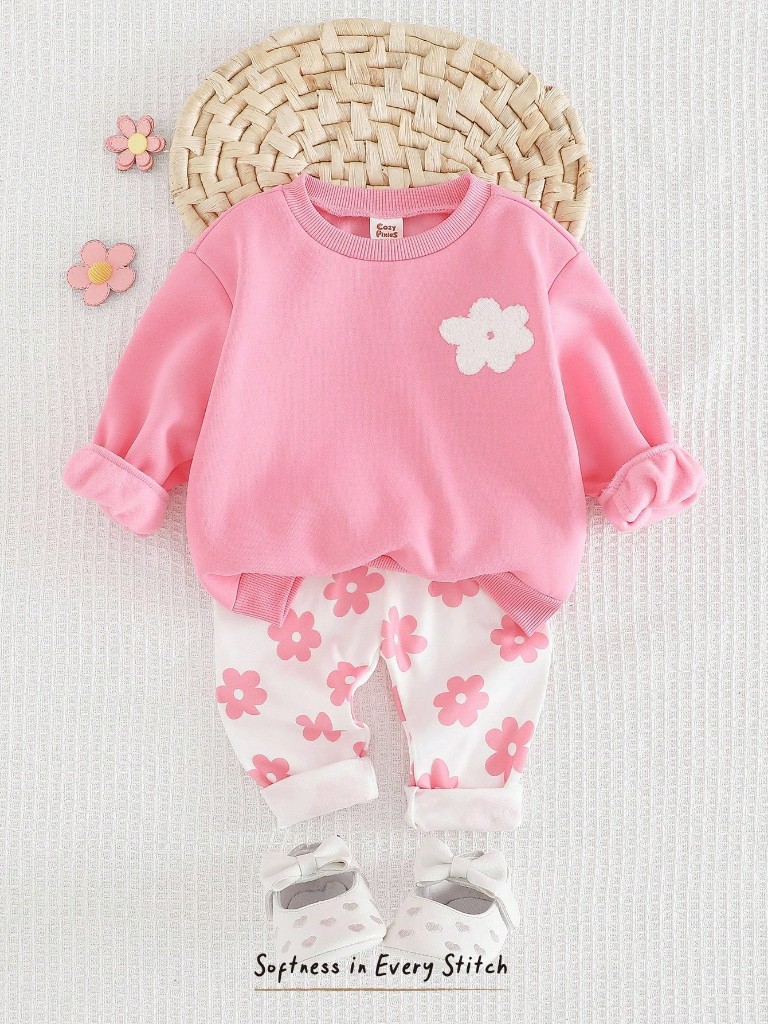 Conjunto suéter y mono flores rosado