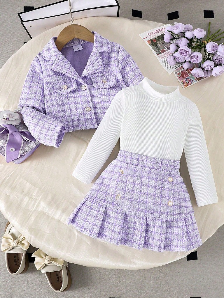 Conjunto de 3 piezas Falda estampada, Suéter blanco y chaleco estampado