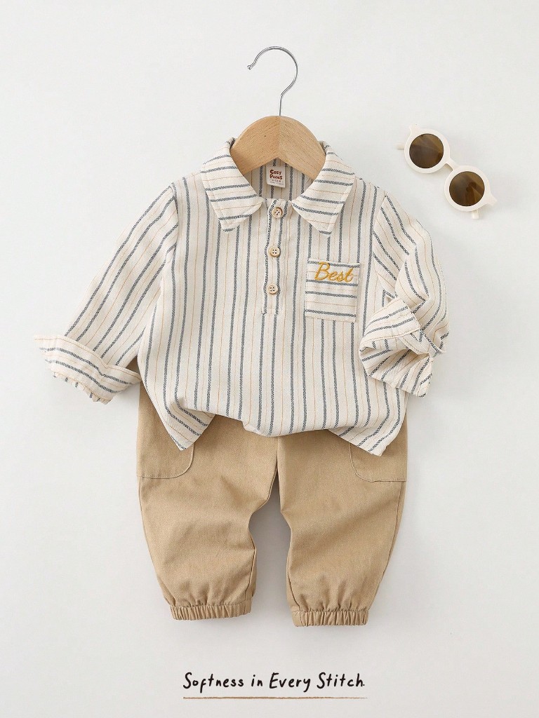 Conjunto de Pantalón marrón y Camisa manga larga a rayas