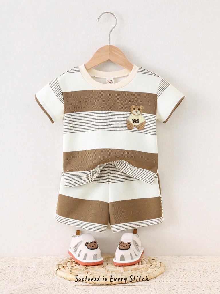 Conjunto de Short y Franela a Rayas marrón y blanco