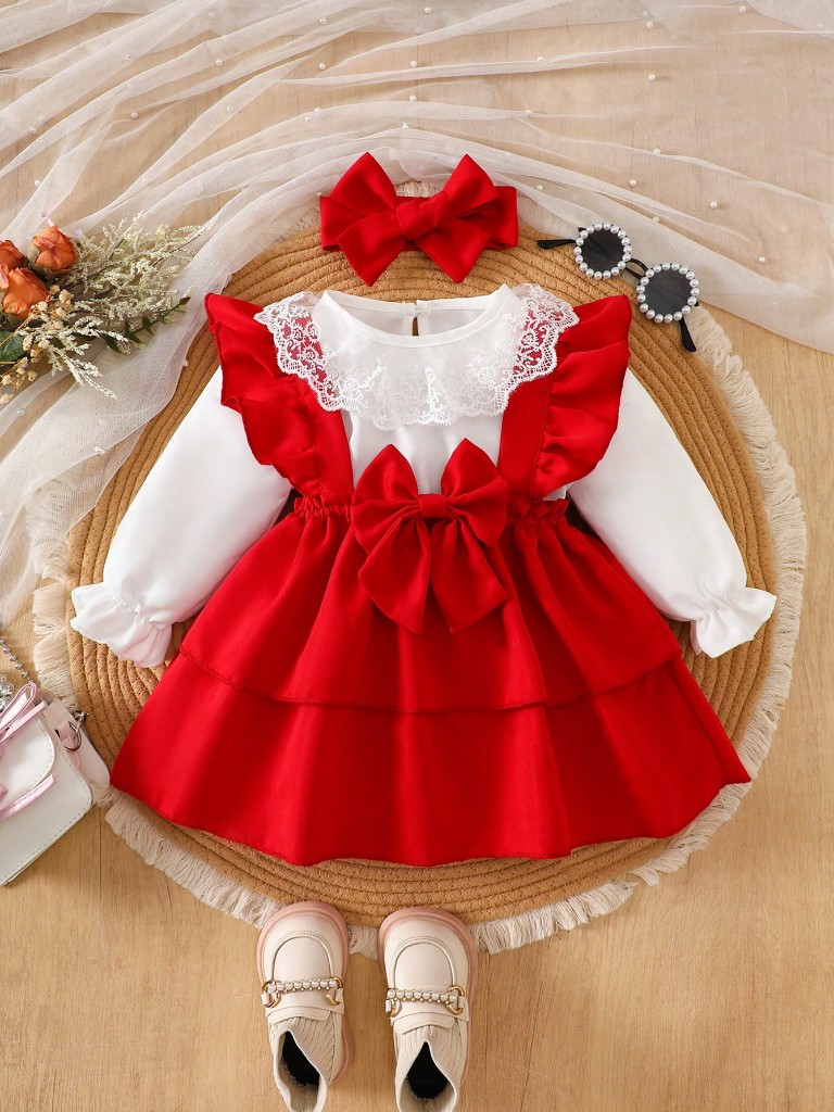 Conjunto de Blusa manga con cuello de encaje y Vestido de peto