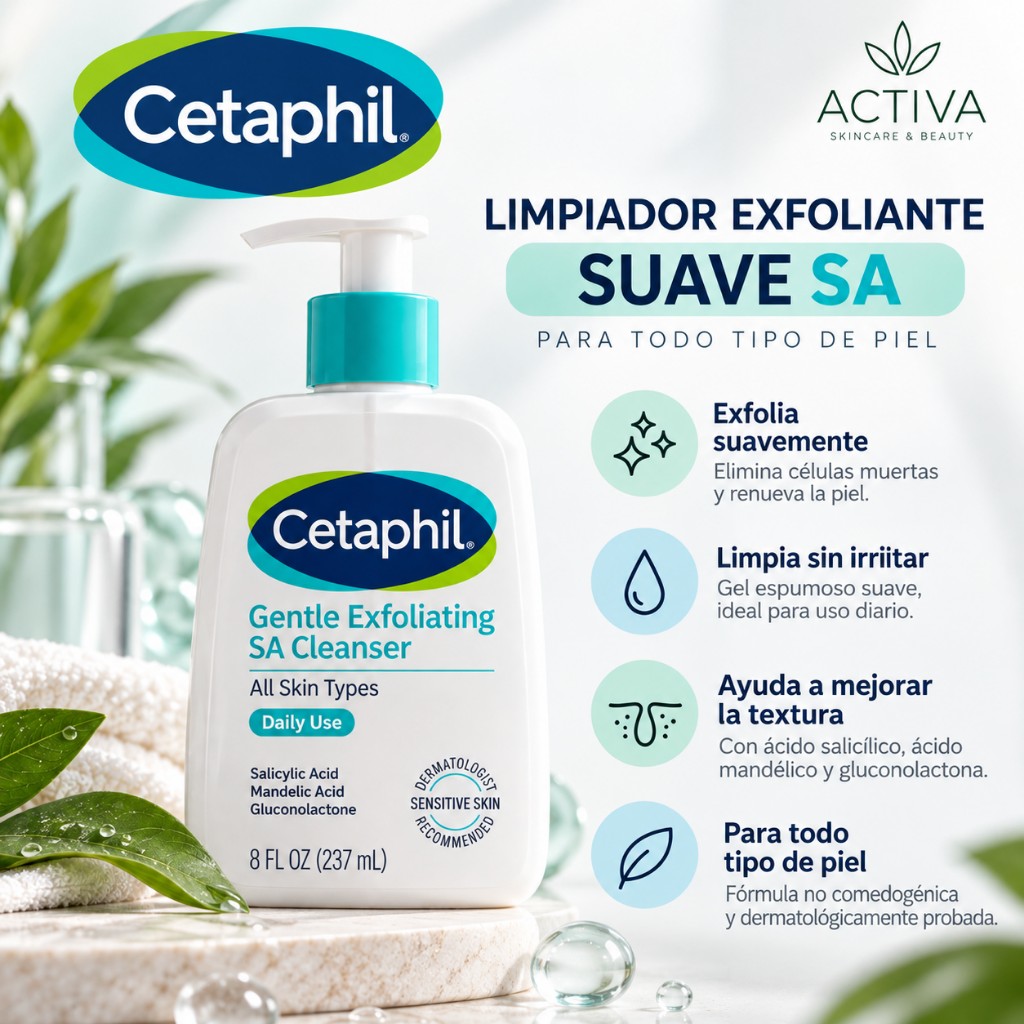 Cetaphil Limpiador exfoliante suave SA, limpiador de gel espumoso para todo tipo de piel, botella con bomba de 8 onzas, ácido salicílico, ácido mandélico y gluconolactona, e