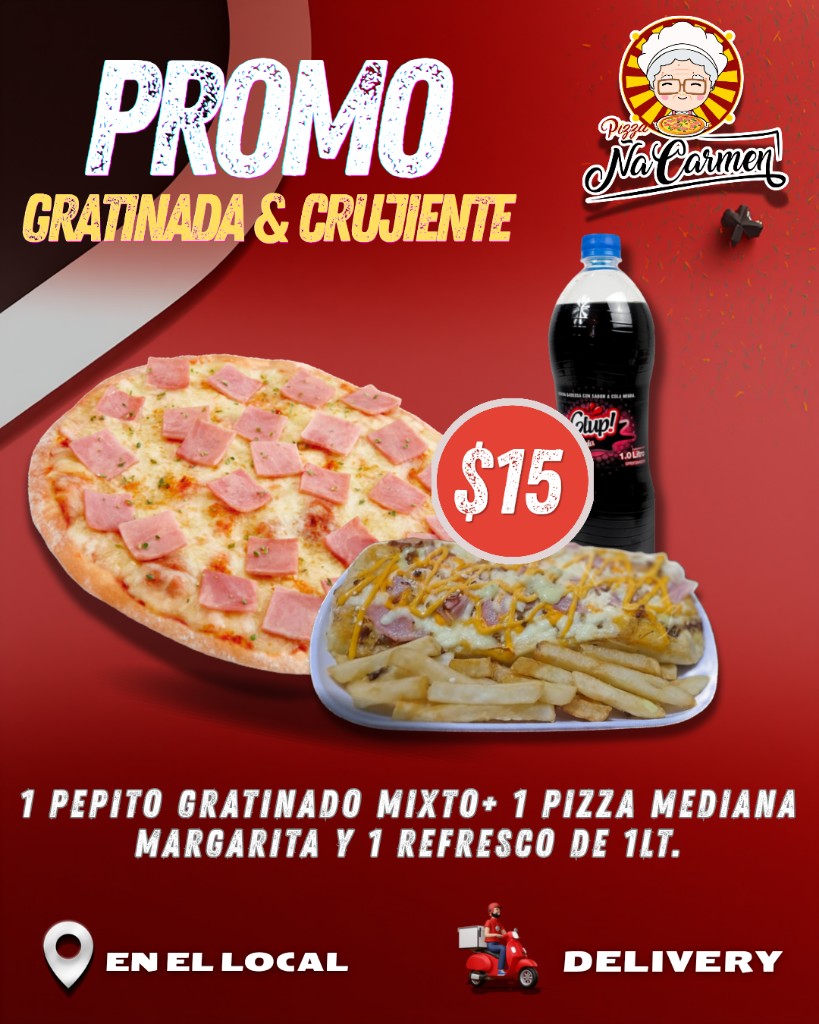 Promo pizza margarita pepito mixto y refresco 1L