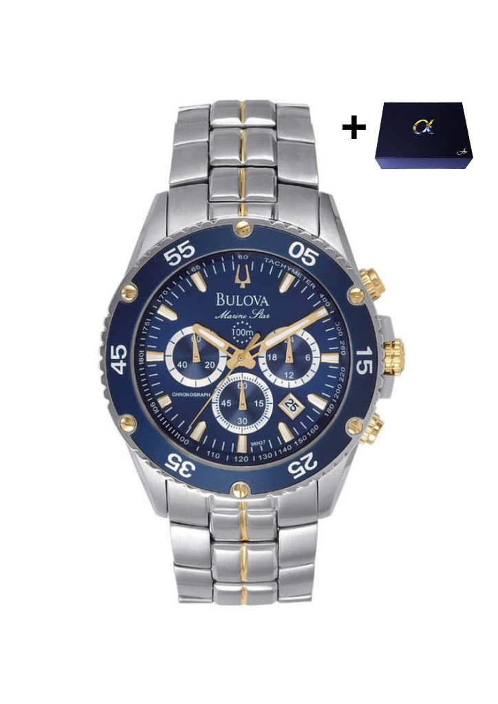 Bulova Marine Star 98B400 (Color plateado con azul y detalles dorados)