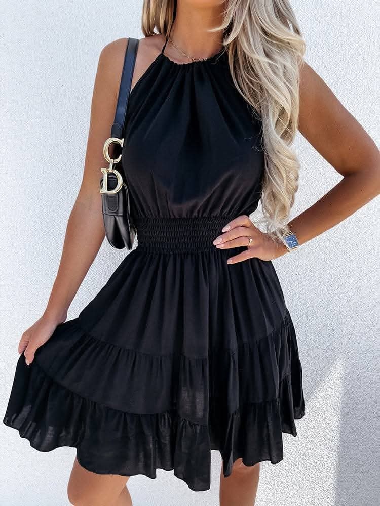Vestido Fresco De Cuello Halter Volante Con Cordón Poliéster