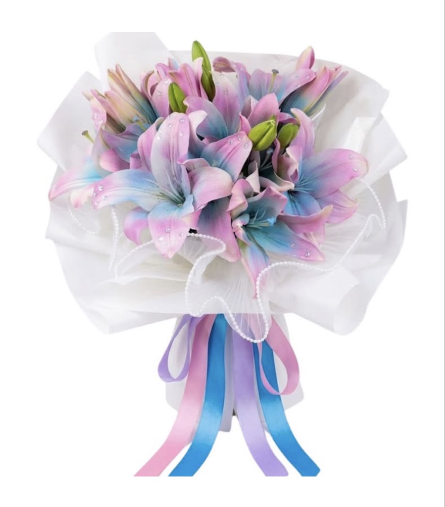 Variegated Lily Bouquet (Blue and Purple Lilies, Pearl Accents, Elegantly Wrapped with Ribbon)