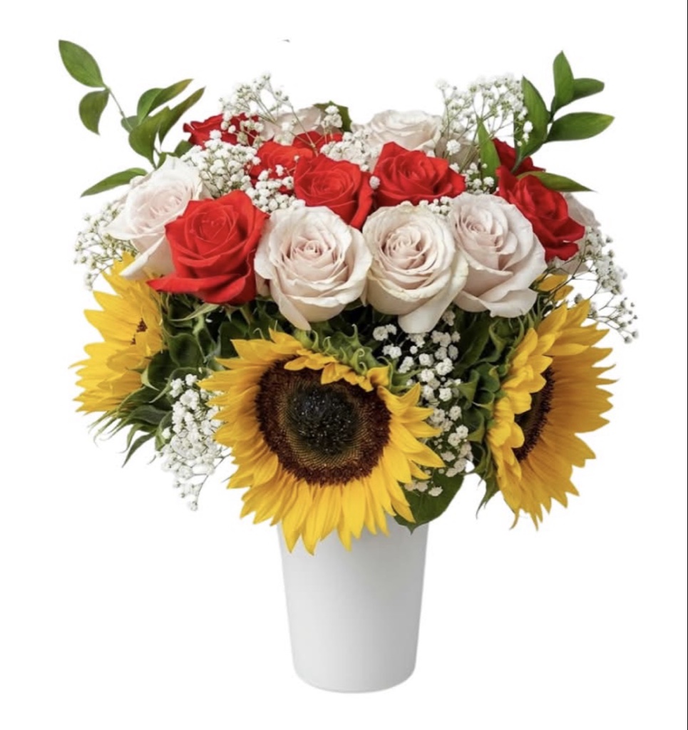 Mixed Roses and Sunflowers Arrangement (12 Red and White Roses, Sunflowers, Baby's Breath, Greenery in a Vase)