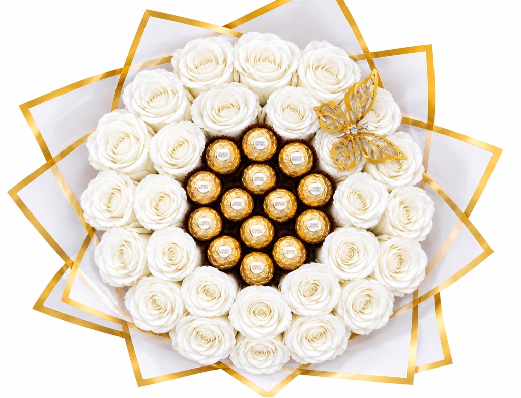 Round Bouquet of 25 White Roses with 12 Ferrero Rocher Chocolates, elegantly wrapped in white paper, featuring a butterfly and a matching ribbon in the same color as the roses.