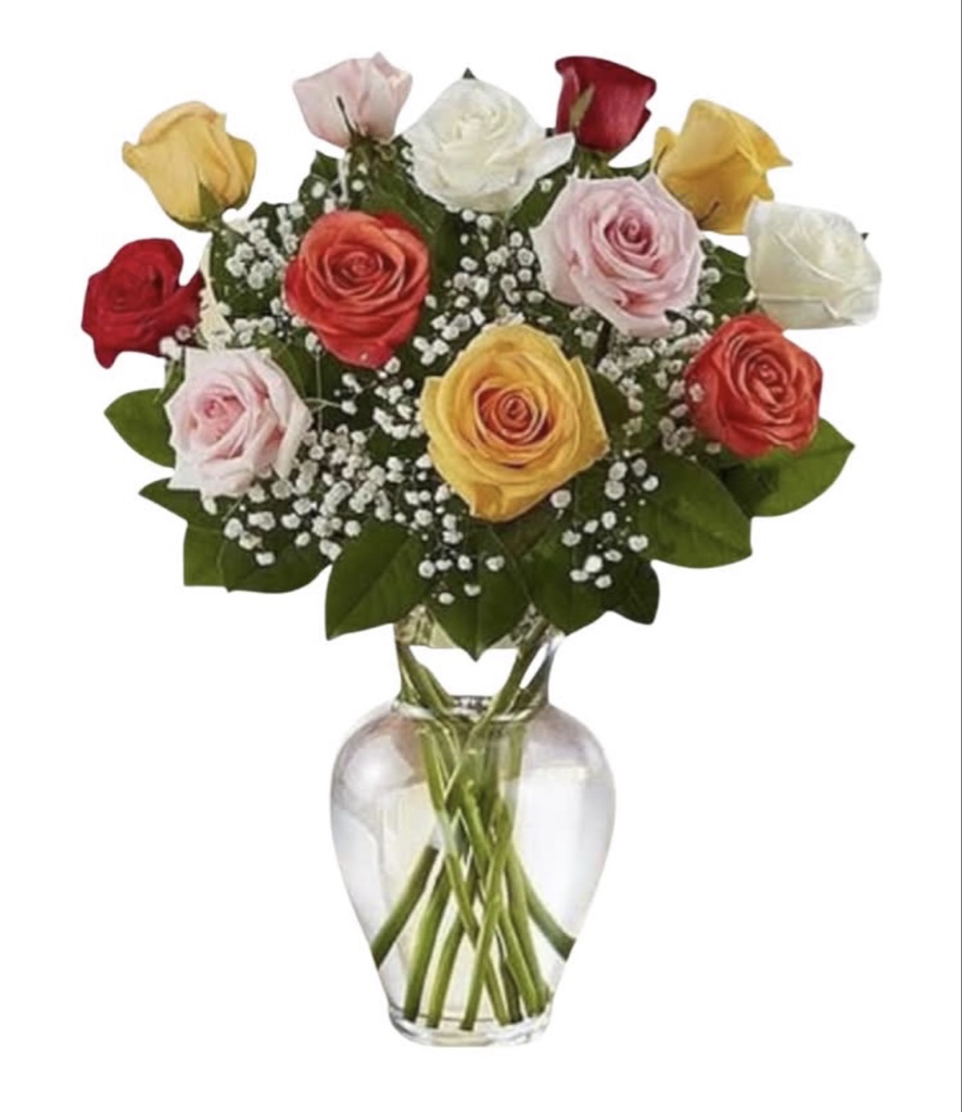 Classic Dozen Mixed Roses Arrangement (Red, Yellow, Light Pink and White Roses, Baby's Breath, Greenery in a Clear Glass Vase)