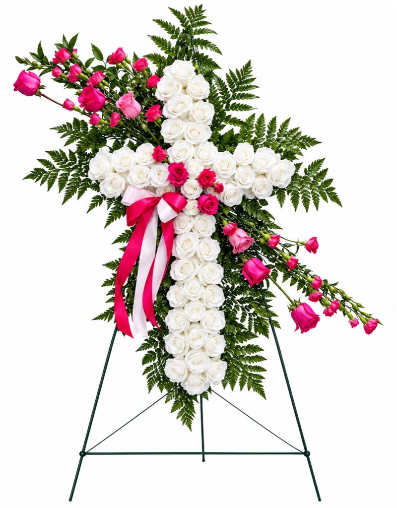 Pink Funeral Cross Arrangement (White  and Pink Roses, Pink Carnations, Leatherleaf Fern, Greenery on a Stand with Ribbon)