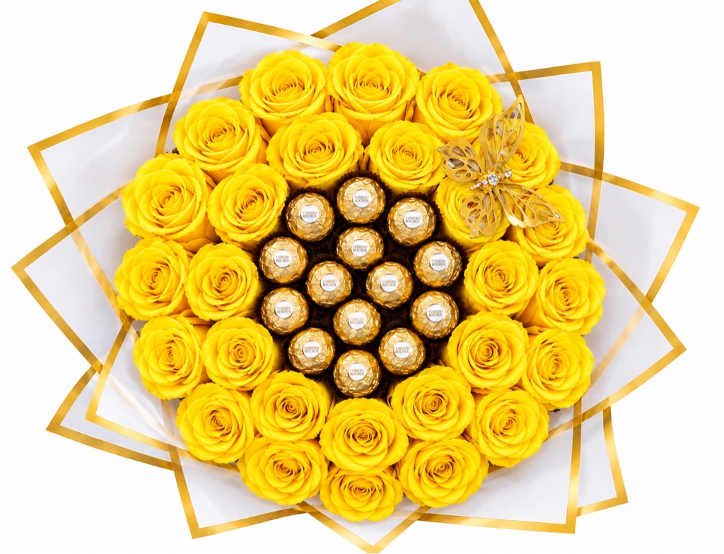 Round Bouquet of 25 Yellow Roses with 12 Ferrero Rocher Chocolates, elegantly wrapped in white paper, featuring a butterfly and a matching ribbon in the same color as the roses.
