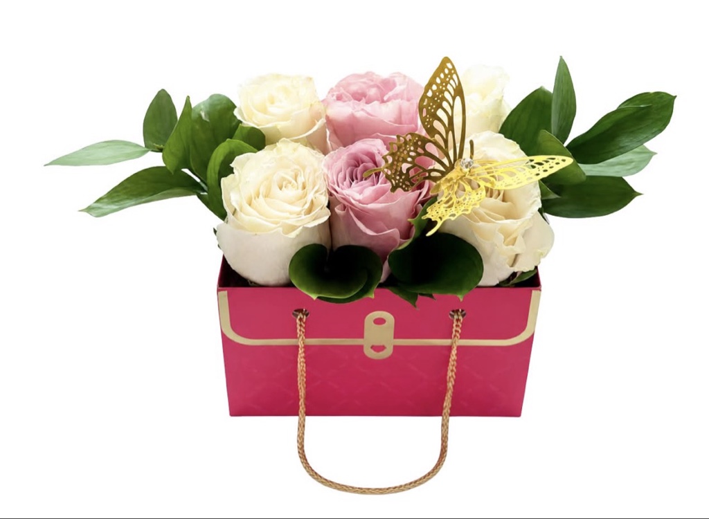 Butterfly Charm Rose Arrangement (White and Pink Roses, Green Foliage, Decorative Butterfly in a Handbag Box with Chain Handles)