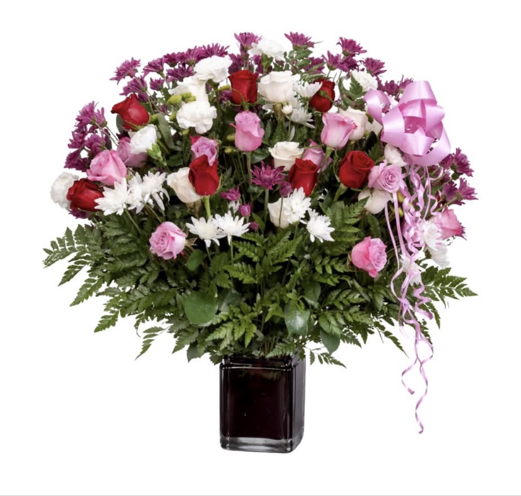 Elegant Mixed Roses & Daisies Arrangement (Red, Pink and White Roses, White and Purple Daisies, Carnations, Seasonal Greenery in a Vase with Ribbon