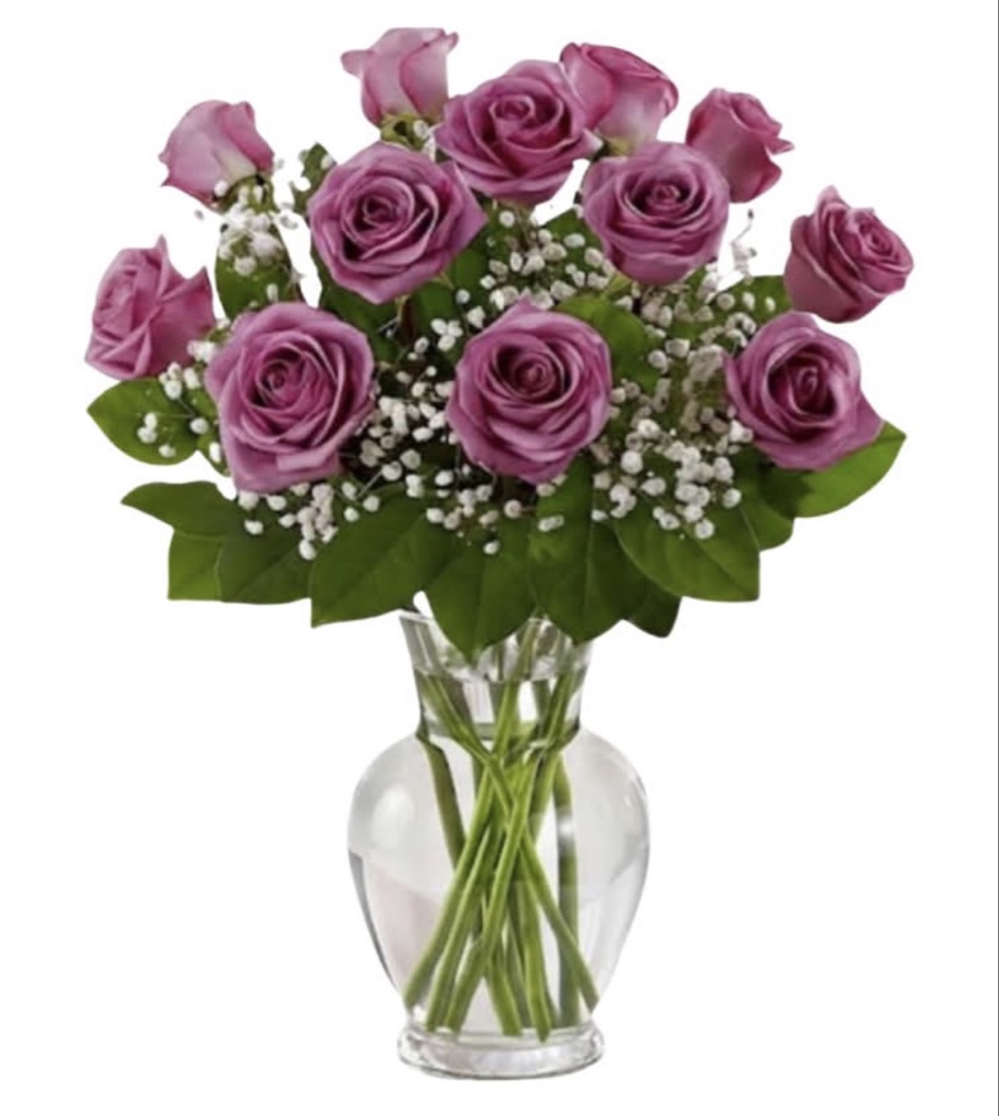 Classic Dozen Lavender Roses Arrangement (12 Lavender Roses, Baby's Breath, Greenery in a Clear Glass Vase)