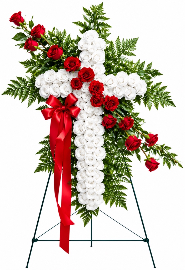 Red Funeral Cross Arrangement (White  and Red Roses, Red Carnations, Leatherleaf Fern, Greenery on a Stand with Ribbon)
