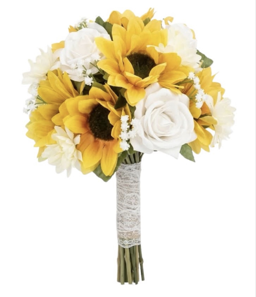 Sunflower Bridal Bouquet (Sunflowers, White Roses, Daisies, Baby's Breath, Hand-Tied (8 inch))