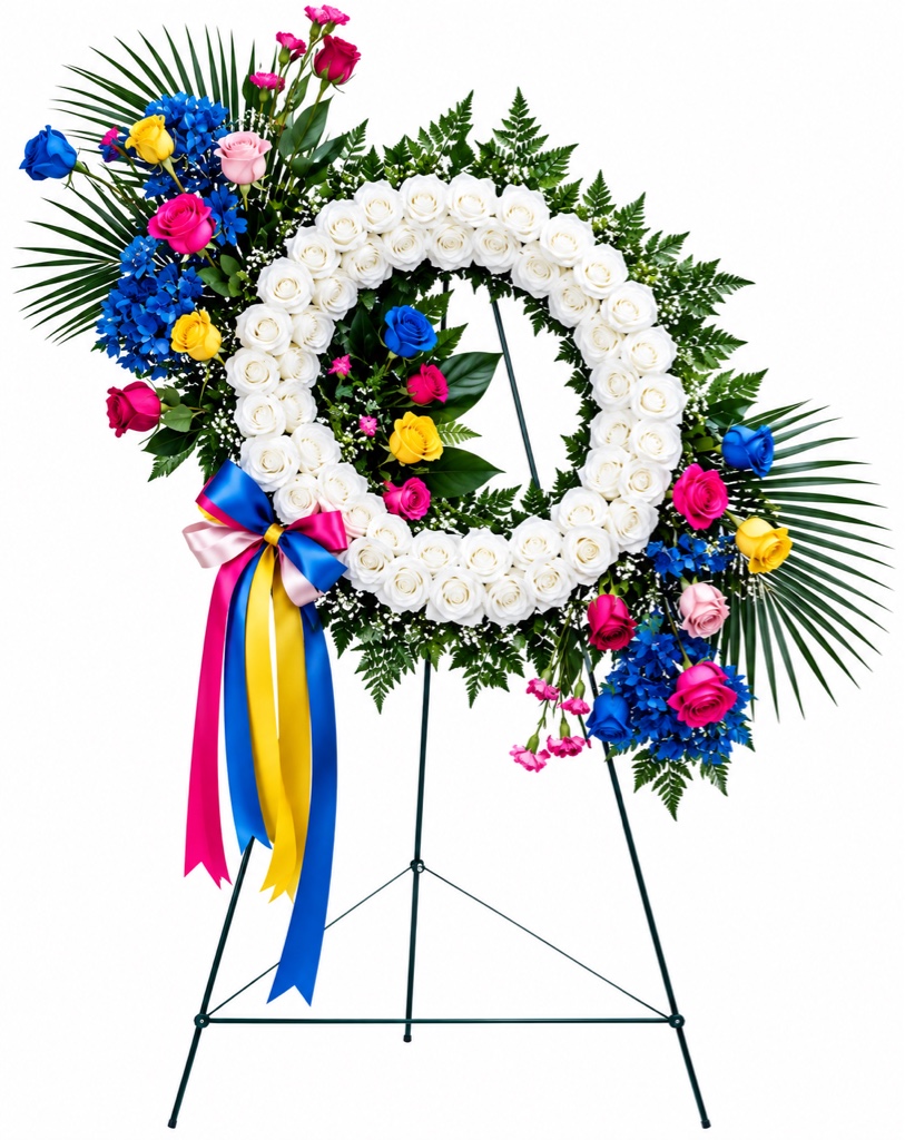 Multicolor Funeral Wreath Arrangement (White , Red, Yellow, Pink and Blue Roses, Pin (White, Blue Chrysanthemums, Leatherleaf Fern, Palm Leaves, Greenery on a Stand with Ribbon)